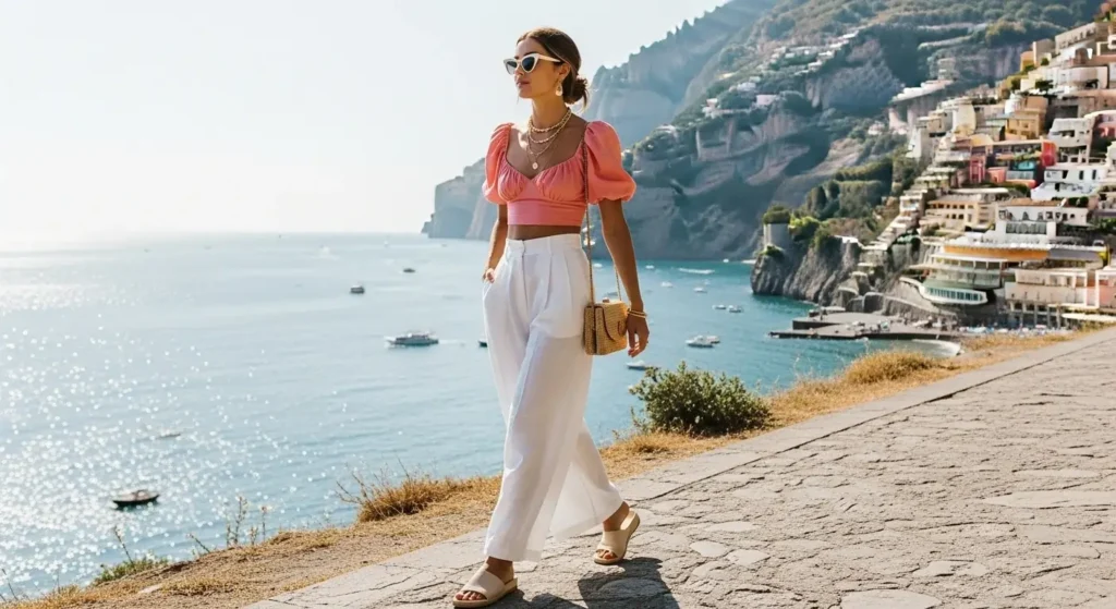 Puff-Sleeve Crop Top + Palazzo Pants Italy Summer Outfit Ideas