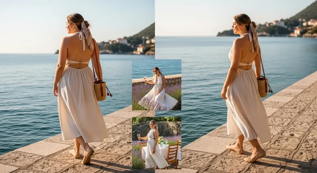 Backless Linen Halter Dress + Ballet Flats European Chic Summer Outfits Ideas