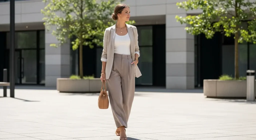 Linen Blazer + Wide-Leg Trousers Summer Business Casual Outfits