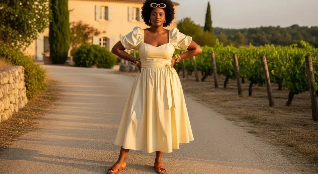 Puff-Sleeve Midi Dress + Leather Slides Plus Size European Summer Outfits