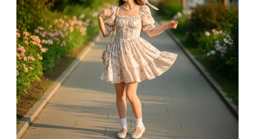 Floral Puff Sleeve Mini Dress + Ballet Flats Girly Summer Outfits