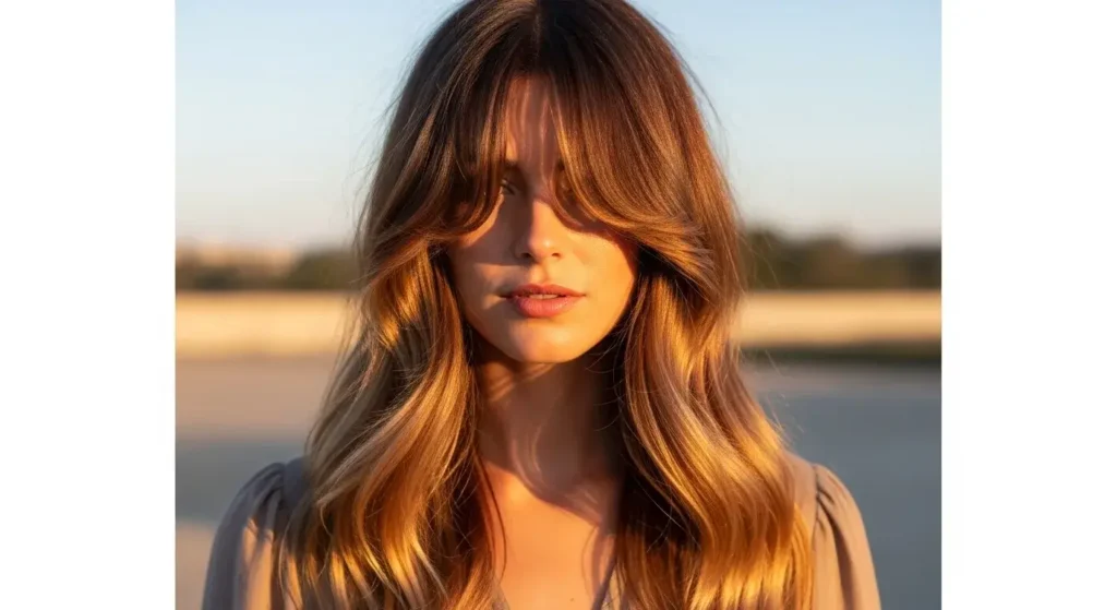 Honey Brown with Curtain Bangs Honey Brown Balayage Hair Ideas