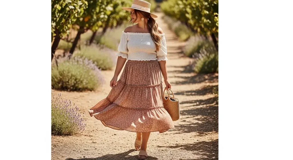 Off-Shoulder Top + Tiered Midi Skirt Aesthetic Summer Outfits