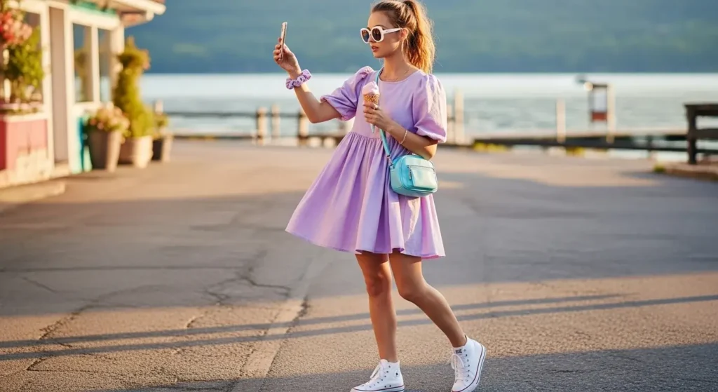 Babydoll Mini Dress + High-Top Sneakers Aesthetic Summer Outfits