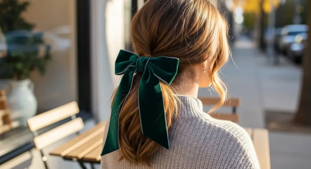 Low Ponytail with Velvet Bow Hairstyles to Try