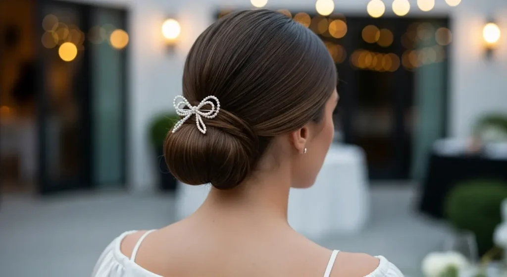 Low Bun with Pearled Bow Pin Bow Hairstyles to Try