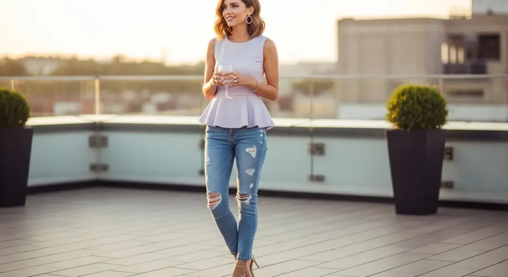 Distressed Skinny Jeans + Peplum Top Jeans Summer Outfits for women