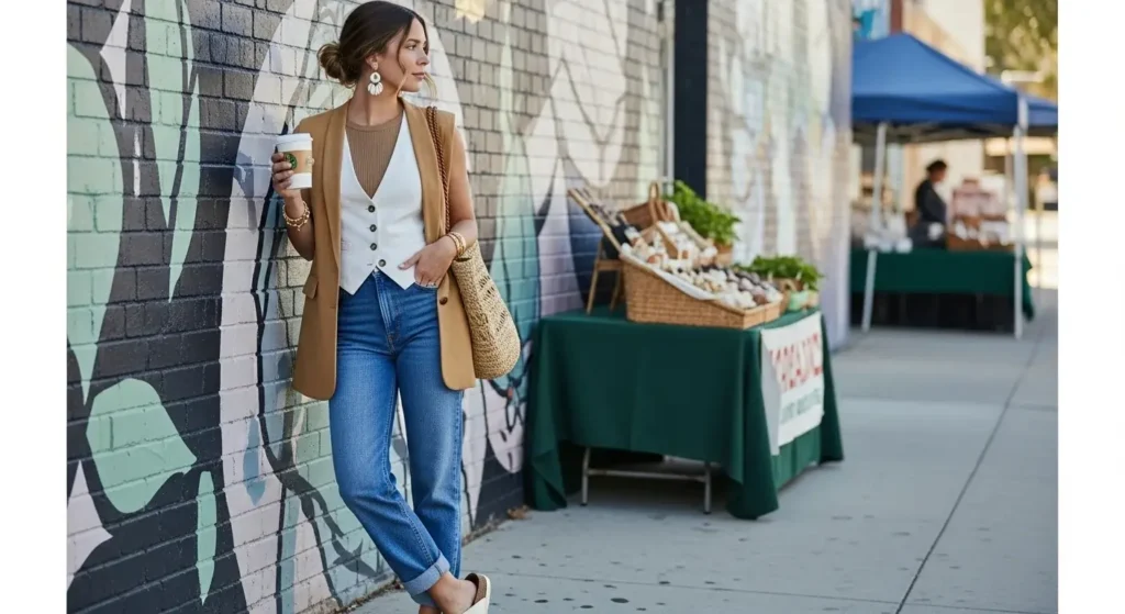 Denim & Statement Vests Summer Wine Tasting Outfits