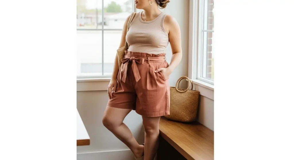 Paper bag Waist Shorts + Tank Top Big Belly Summer Outfit Ideas