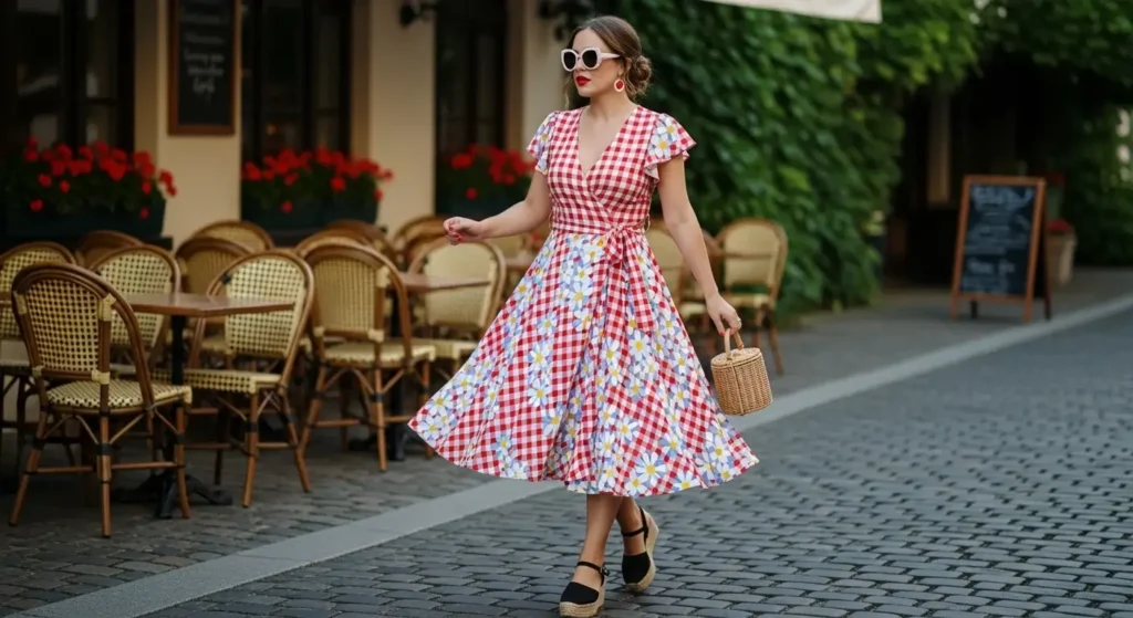 Gingham or Floral Wrap Dresses Summer Wine Tasting Outfits