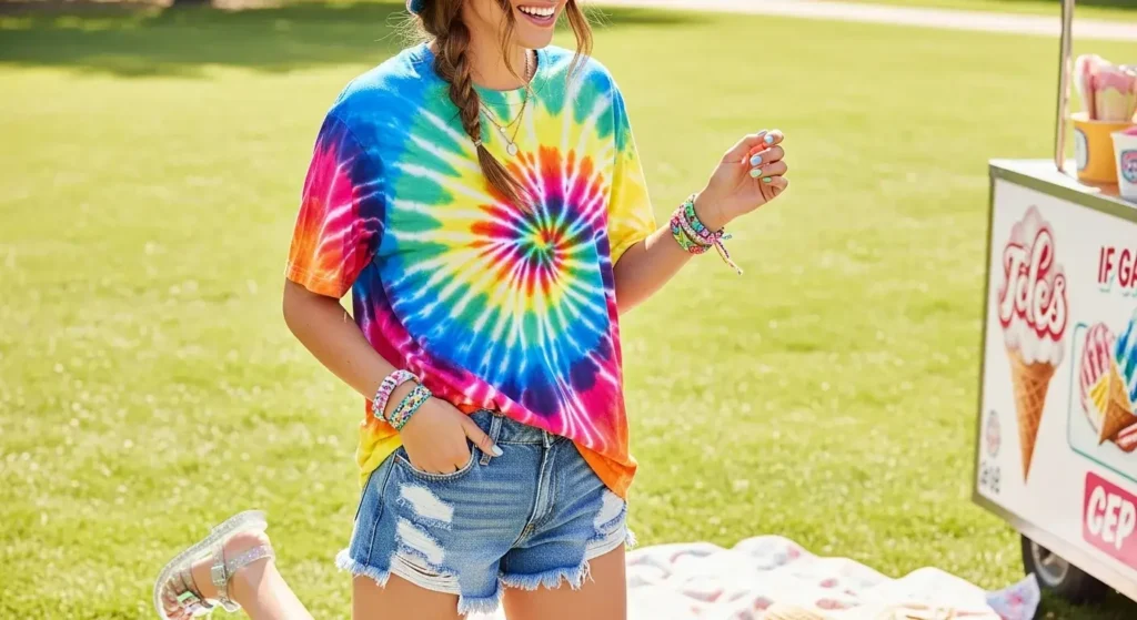 Tie-Dye Tee + Cutoff Shorts Vintage 90s Summer Outfits