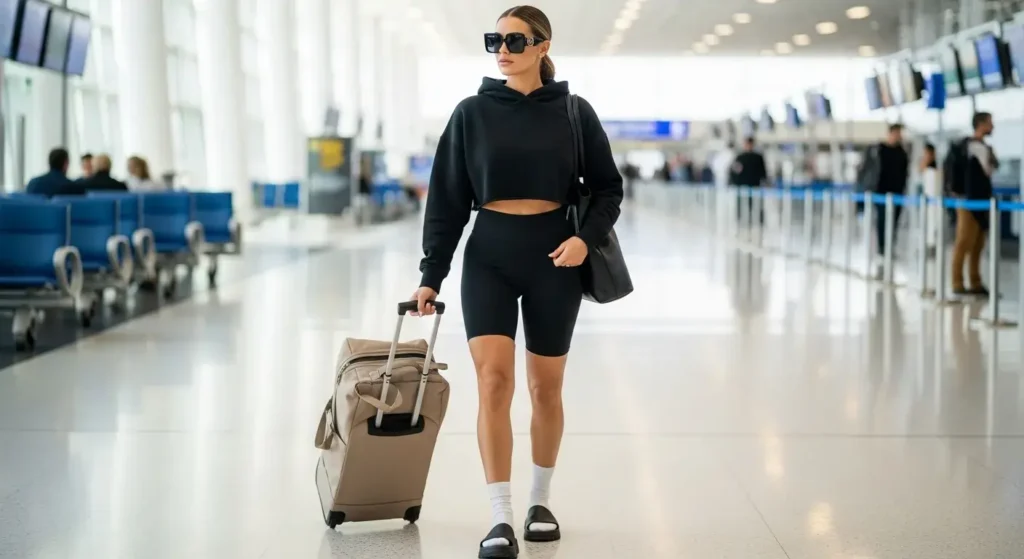 Bike Shorts + Boxy Crop Hoodie Airport Summer Outfits