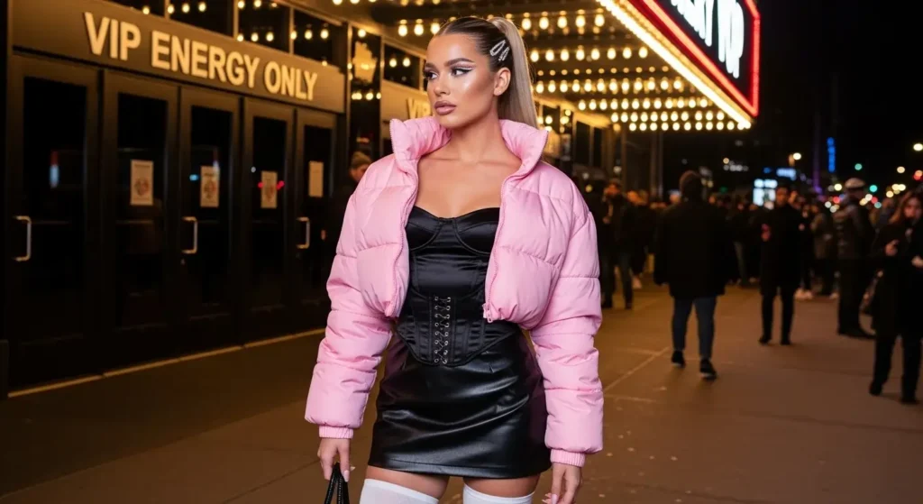 Cropped Puffer + Corset Top + Leather Skirt Winter Concert Outfits