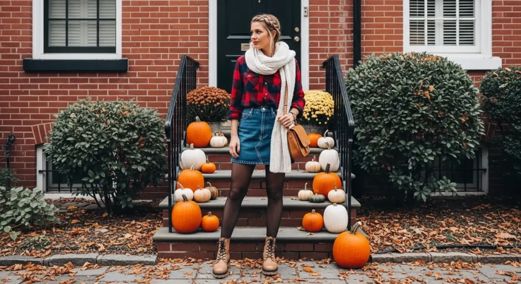 Flannel Shirt + Denim Skirt + Tights Must-Have Fall Outfits Ideas