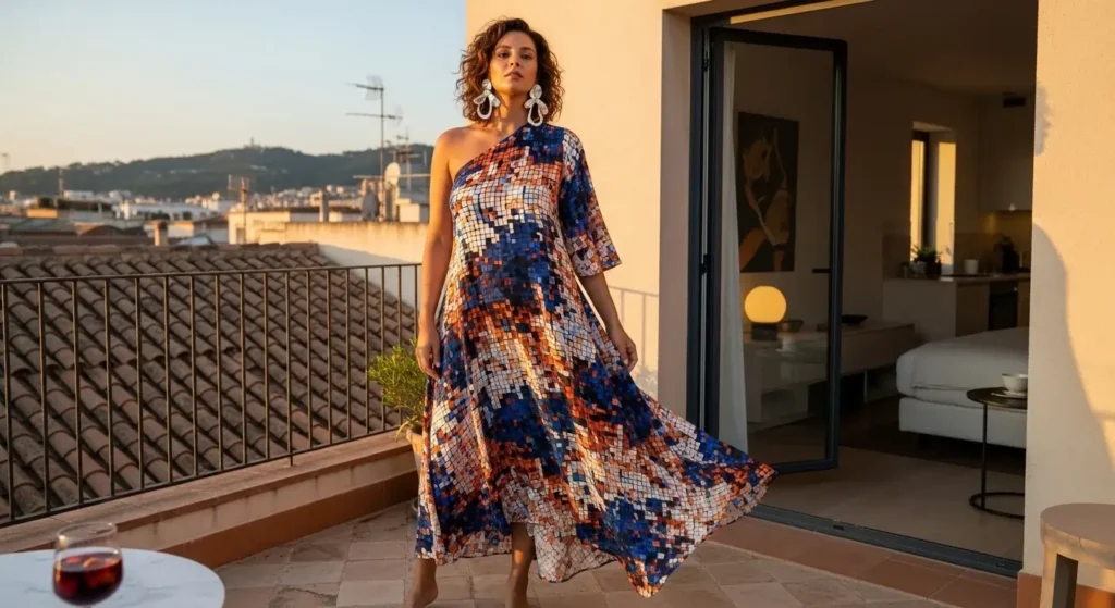 Asymmetrical Maxi Dress + Sculptural Earrings Gorgeous Summer Outfits to Wear in the Catalan Capital