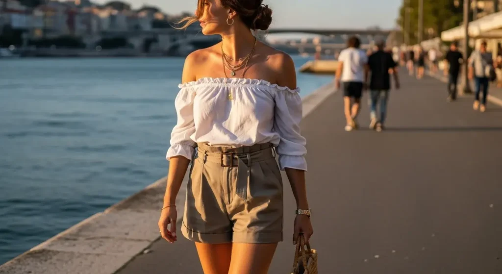 Off-Shoulder Blouse + Paperbag Shorts Cute and Comfy European Summer Outfits Ideas