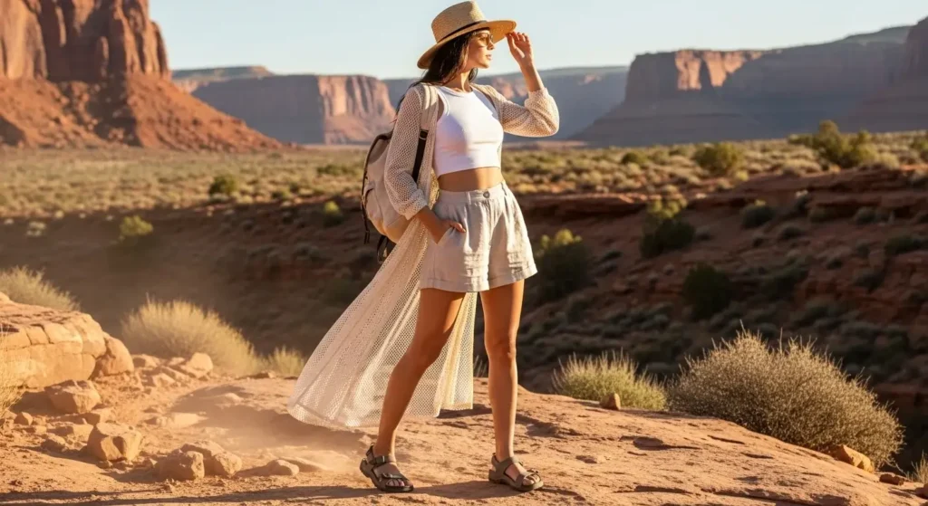Linen Shorts + Crop Tank + Mesh Cover-Up Hiking Outfits for Summer