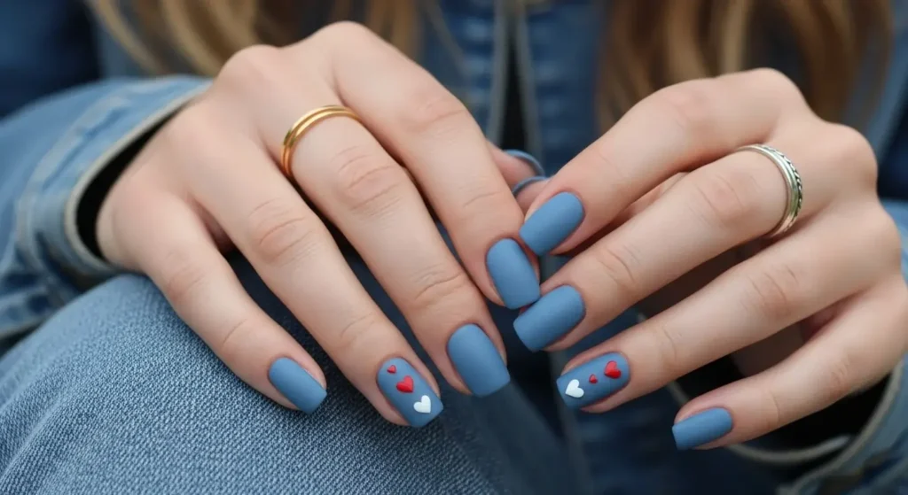Denim Blue with Micro Hearts Cute July Nails for Summer 2025