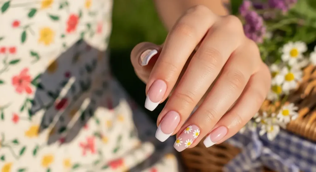 Lilac Frenchies with White Daisies Purple Summer Nails You’ll Love