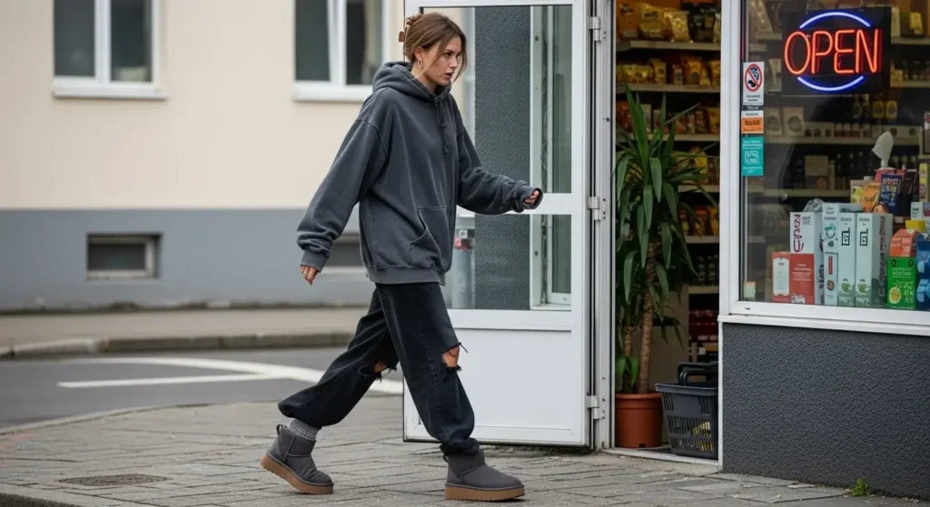 Oversized Hoodie + Distressed Baggy Jeans + Ugg Platforms Trendy Baggy Jeans Outfits for Women