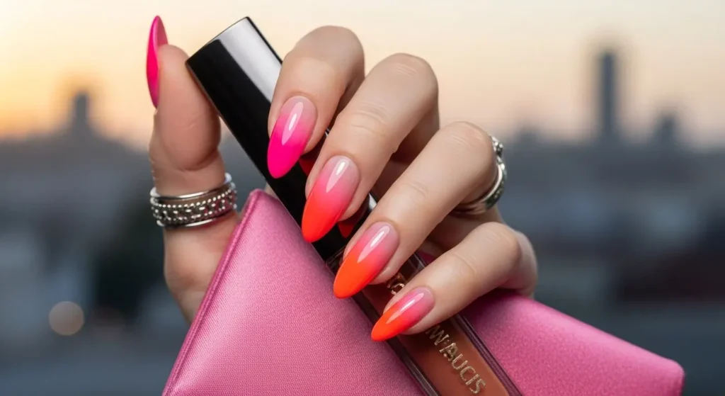 Pink-to-Orange Chrome Fade Sunset Gradient Nails to Glow