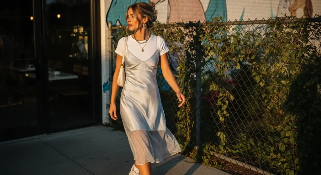 Slip Dress + White Tee Layered Underneath Vintage 90s Summer Outfits