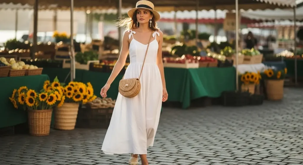 White Linen Sundress + Straw Accessories Aesthetic Summer Outfits
