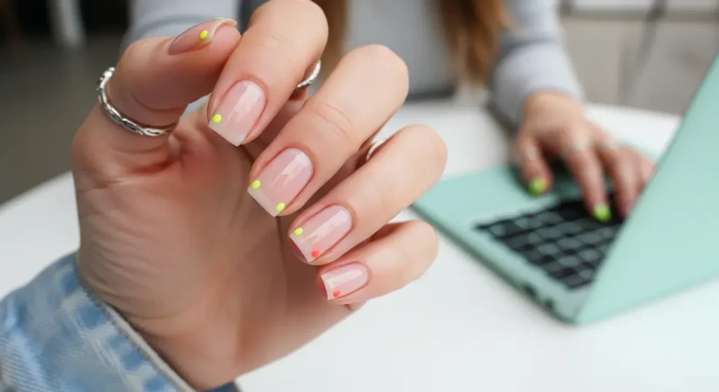 Short Square Nails with Tiny Neon Dots Cute Summer Nail Inspo for 2025: Almond, Square & Short Styles