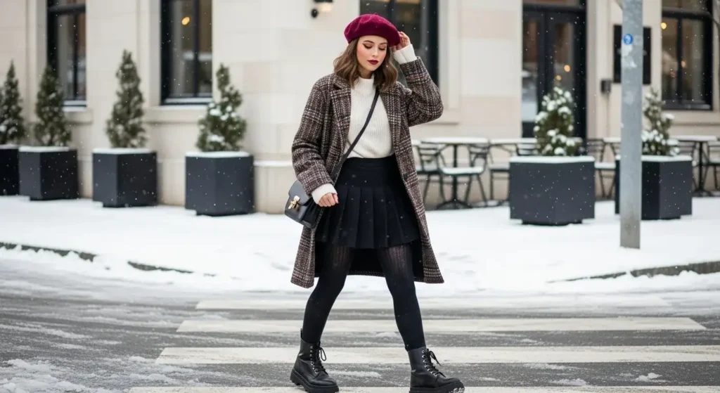 Mini Skirt + Thermal Tights + Combat Boots Winter School Outfits