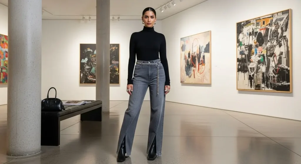 Turtleneck + Slit-Hem Baggy Jeans + Square-Toe Boots Trendy Baggy Jeans Outfits for Women