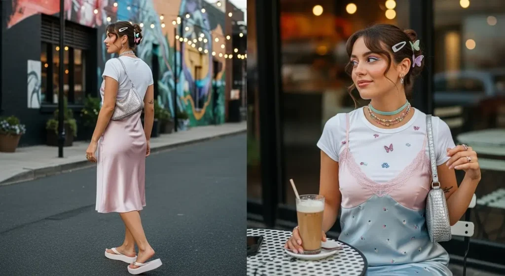 Slip Dress with Layered T-shirt Y2K Summer Outfits