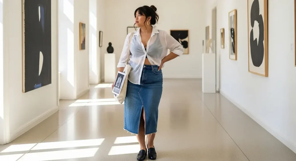 Sheer Button-Up + Bralette + Denim Midi Skirt Plus Size European Summer Outfits