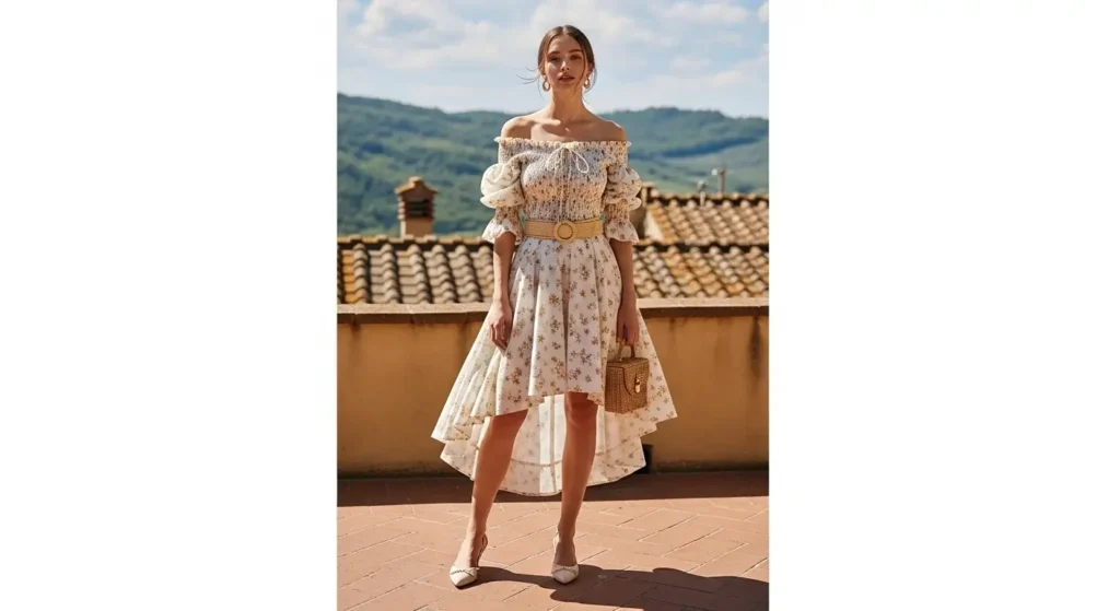 Off-Shoulder Blouse + Flowy Skort Italy Summer Outfit Ideas