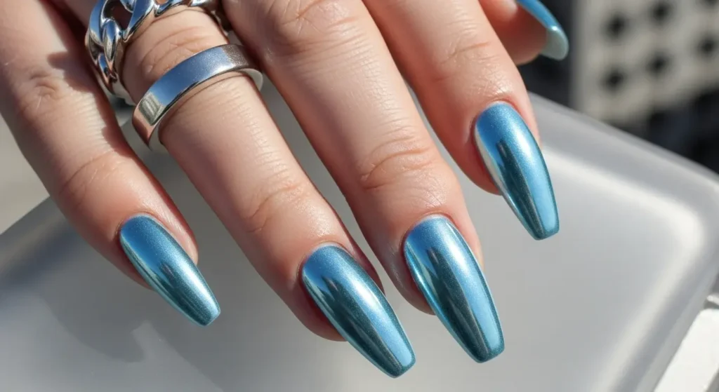 Icy Blue Chrome Cool Blue Nail Ideas for Summer