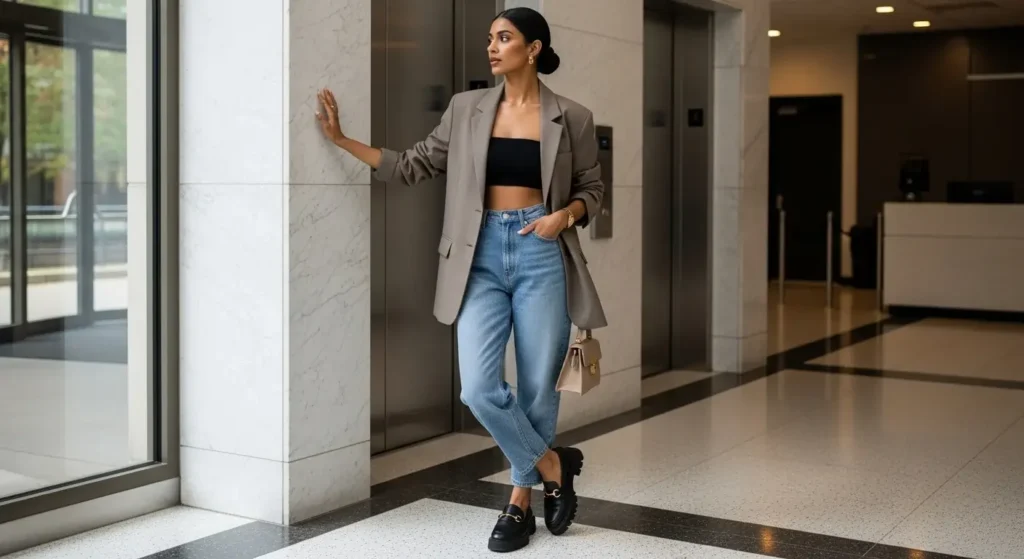 Neutral Blazer + Baggy Jeans + Loafers Trendy Baggy Jeans Outfits for Women