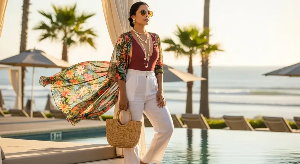 Sheer Floral Kimono + One-Piece Swimsuit + Linen Pants Latina Fashion Outfits for Summer