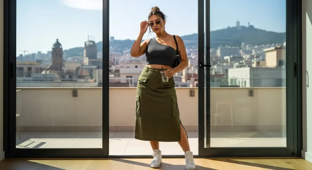 Asymmetrical Tank + Cargo Skirt Barcelona Summer Outfits Guide