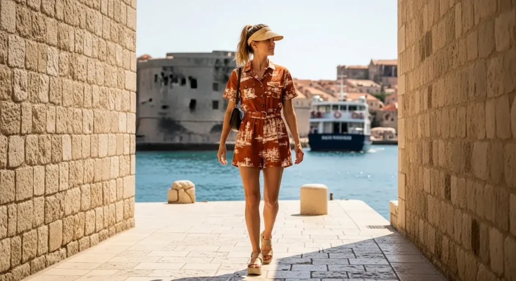 Utility Romper + Platform Sandals Cute and Comfy European Summer Outfits Ideas