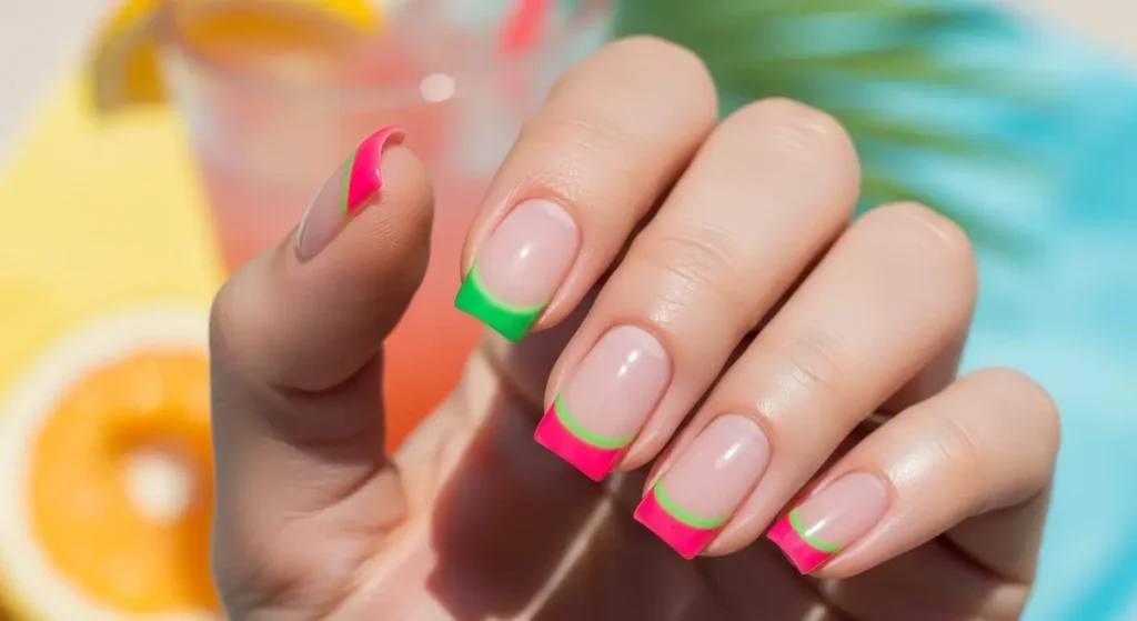 Watermelon French Tips Short Acrylic Nails for Summer 2025