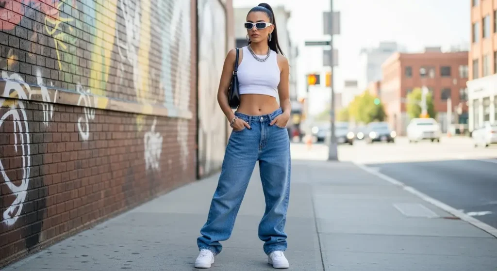 Crop Top + Extra-Baggy Jeans + Sneakers Trendy Baggy Jeans Outfits for Women