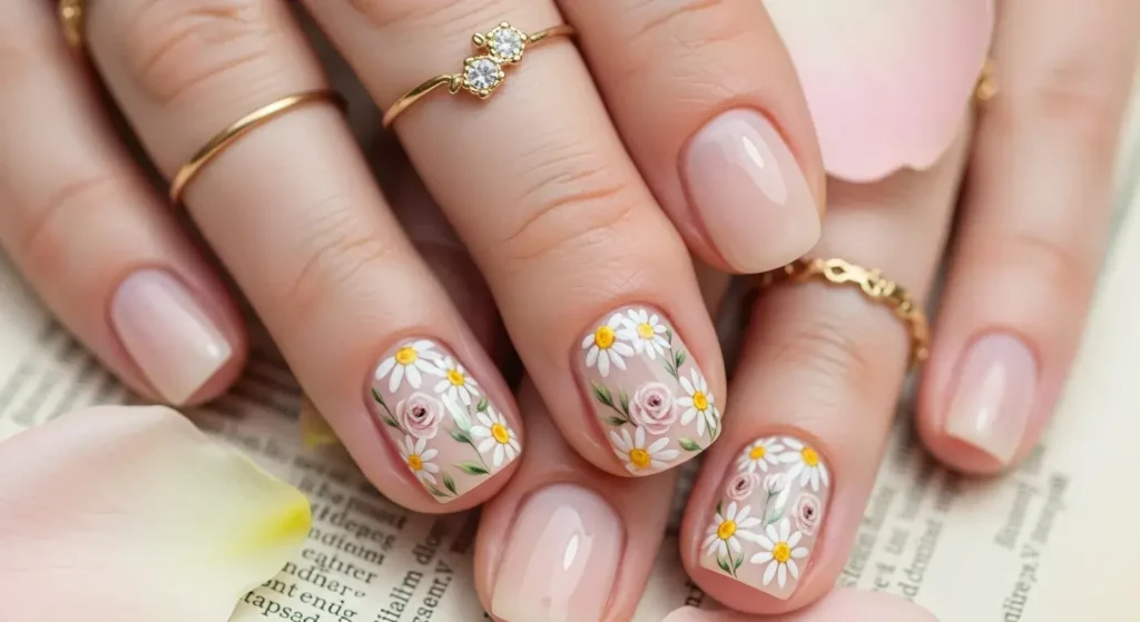 Micro Florals on Nude Base Round Summer Nails