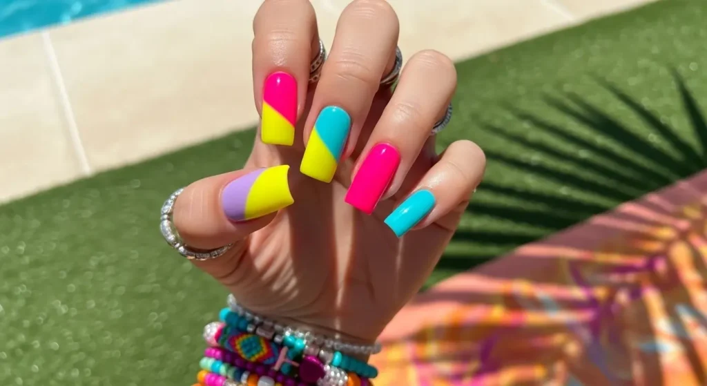 Bright Color-Blocked Square Nails Cute Summer Nail Inspo for 2025: Almond, Square & Short Styles
