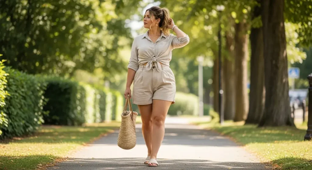 Linen Shorts + Button-Up Shirt (Tied at the Waist) Curvy Summer Outfits for women