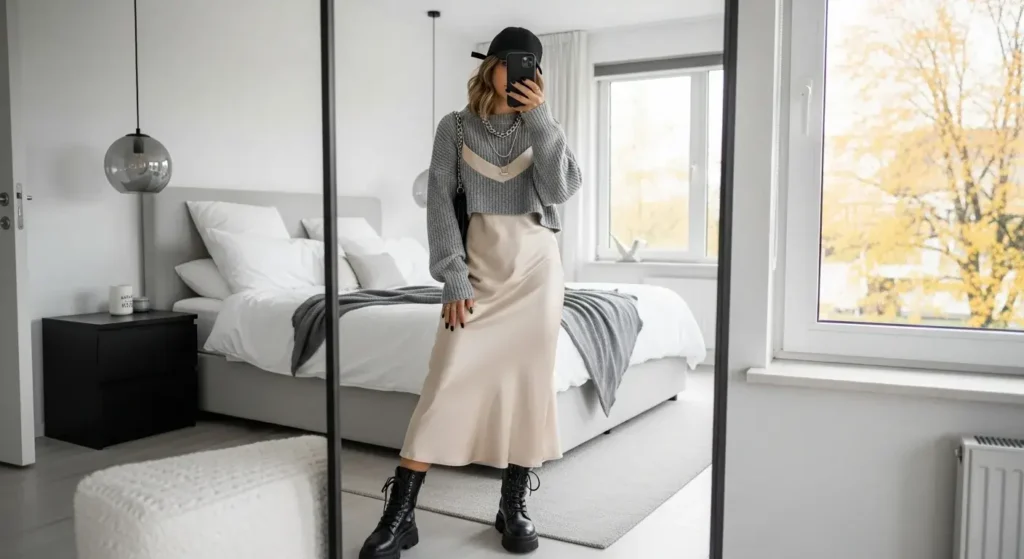 Satin Slip Dress + Layered Sweater + Combat Boots Baddie Fall Outfits Ideas