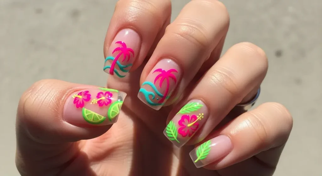 Neon Palm Accents Vacation-Ready Nails for Summer