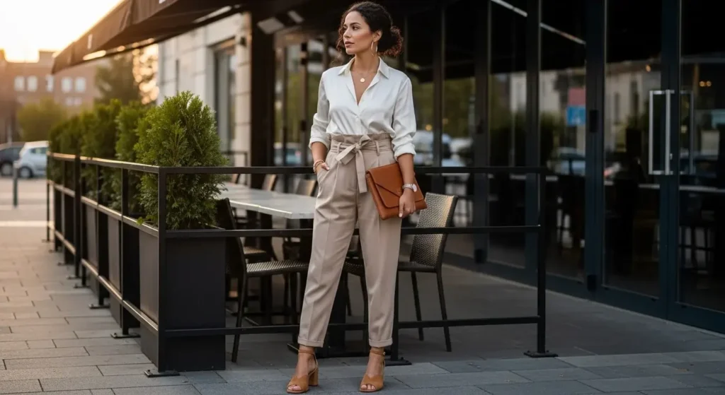 Paperbag Waist Pants + Button-Up Summer Business Casual Outfits