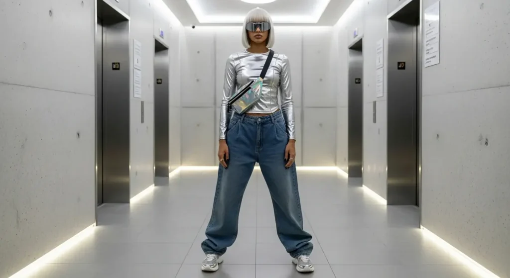 Metallic Top + Stonewash Baggy Jeans + Futuristic Shades Trendy Baggy Jeans Outfits for Women