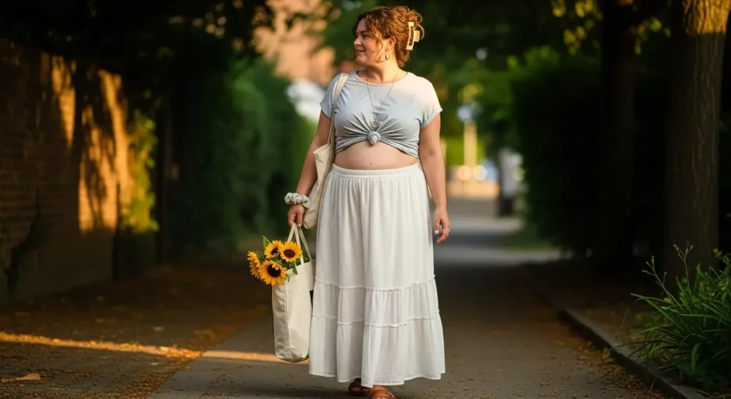 Boho Maxi Skirt + Knotted Tee Big Belly Summer Outfit Ideas