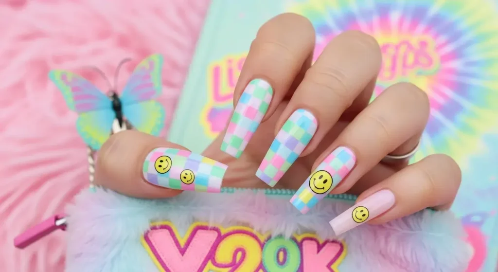 Pastel Checkerboard + Smiley Accents Coffin Nails That Slay Summer 2025