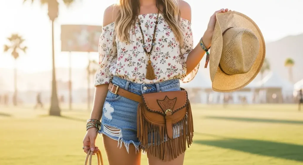 Off-Shoulder Top + Denim Shorts + Belt Bag Summer Cowgirl Outfits